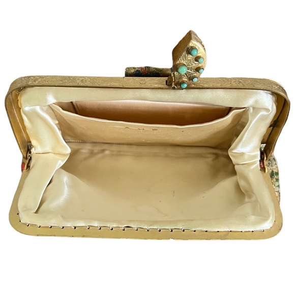 Vintage Floral Tapestry Clutch Bag Gemstone Closure with Original Compact Mirror - Picture 11 of 15